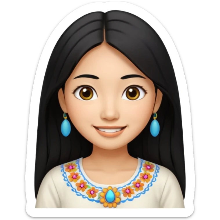 30 yr old asian woman center parted hair big eyes big smile tanned skin straight black hair hippie part hair white blouse sticker