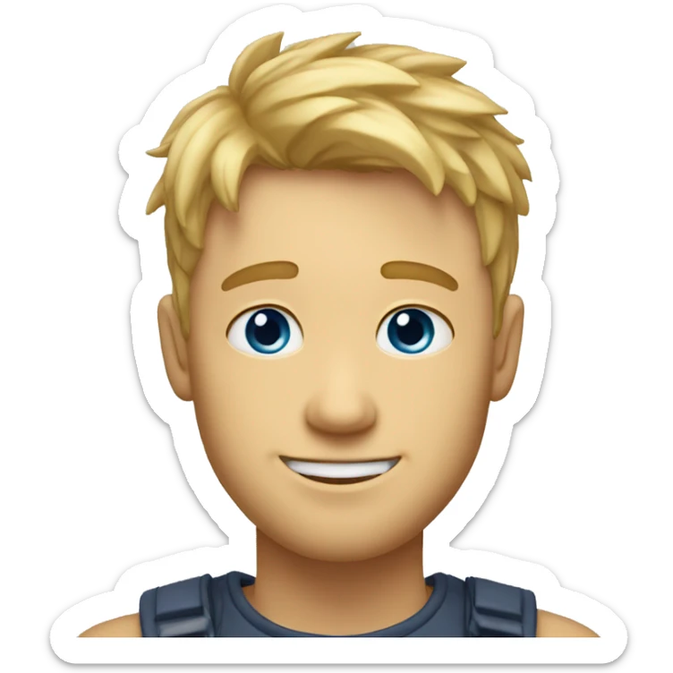 A TOK emoji of a blonde man with messy bangs and short hair on the sides, smiling and without glasses, with blue eyes, without a mustache sticker