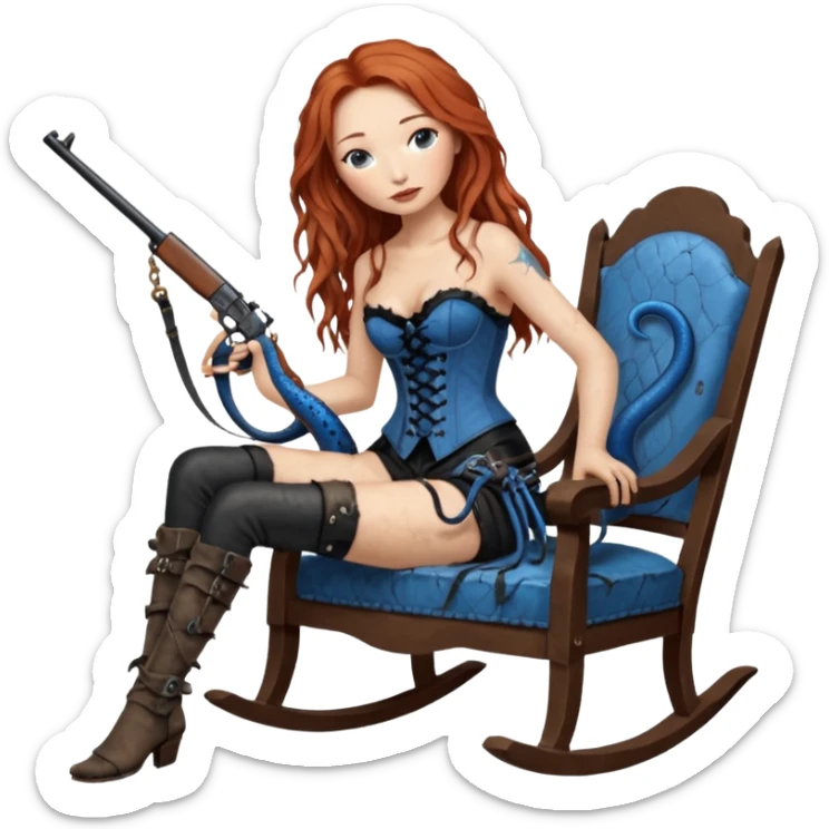 realistic cinematic Tori Amos sits on a rocking chair in a torn corset, holding an antique rifle and her bare feet are muddy. A blue snake is wrapped around the chair. sticker
