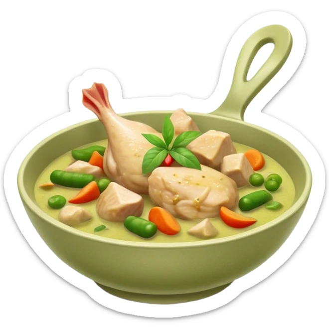 Green Chicken Curry Cinematic Realistic Green Chicken Curry Dish Emoji, depicted as tender chicken chunks simmered in a fragrant green curry sauce with vegetables, rendered with vivid textures and dynamic, vibrant lighting. sticker