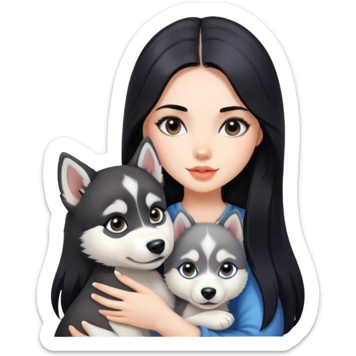 beautiful girl with long black hair holding a cute husky puppy sticker