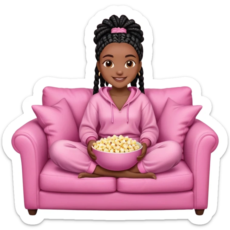 A dark-skinned Black woman with black box braids, holding a large bowl of popcorn in her lap, smiling, wearing comfy loungewear sitting on pink couch. sticker