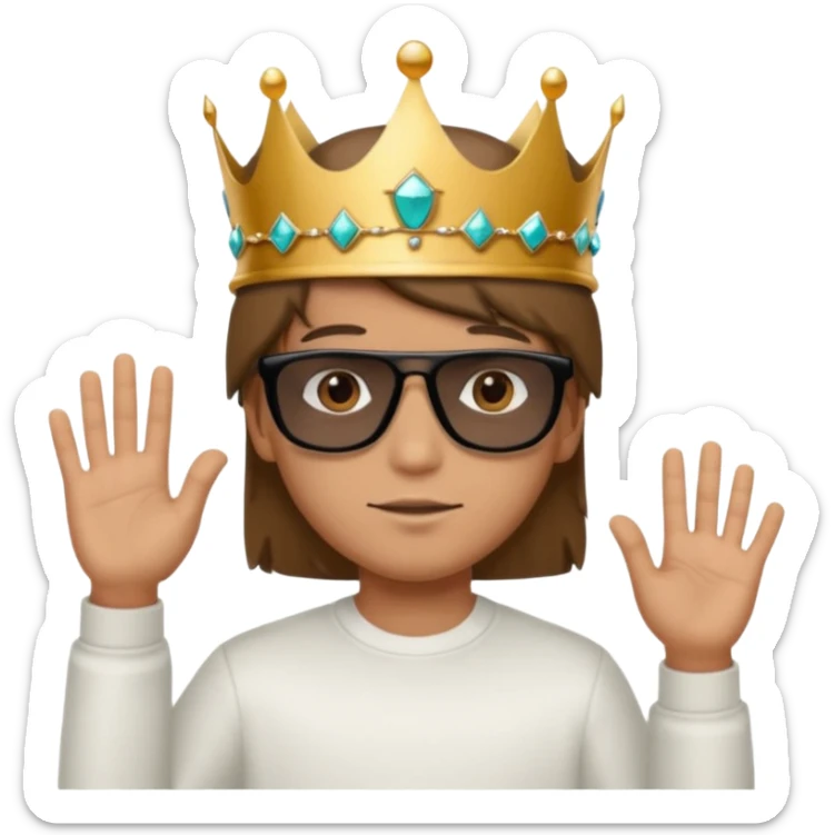 Un niño con cabello lacio no muy largo color marrón castaño,ojos marrones,piel no muy blanca, que tenga lentes de sol color negro,reloj en la mano derecha y una corona como sombrero sticker