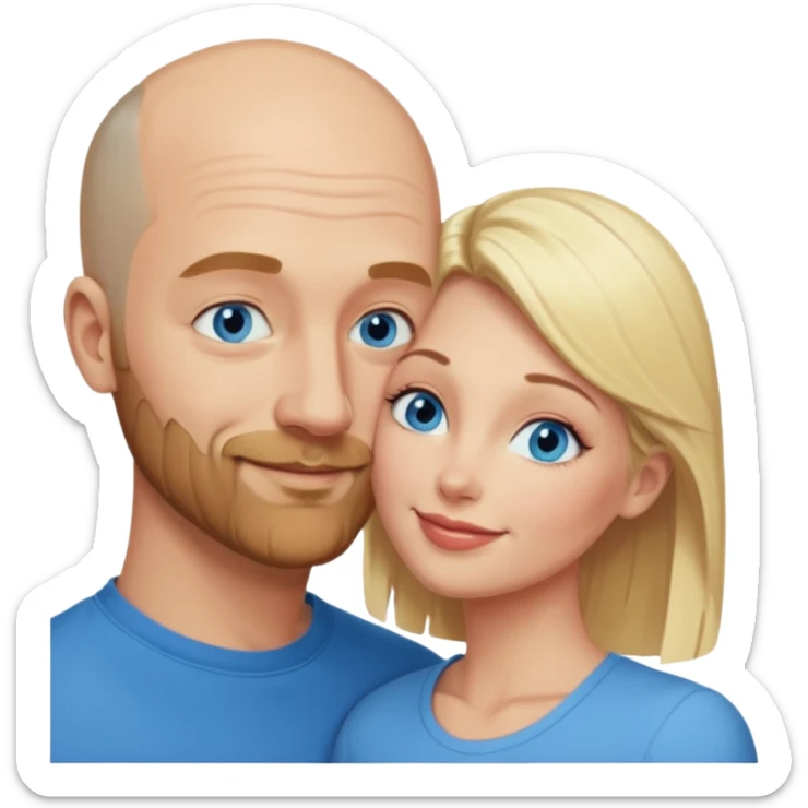 middle age bald man with scruff, blue eyes a.  Kissing blonde woman with blue eyes sticker