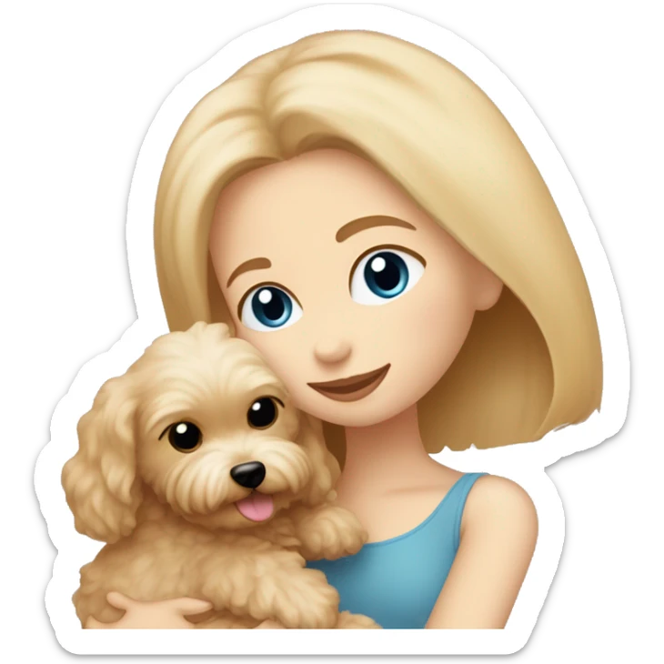 Blonde girl with long straight hair and blue eyes is hugging a small caramel maltipoo sticker