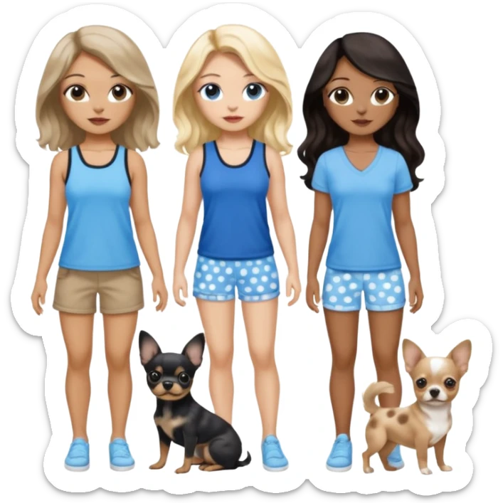 Three women in summer clothes, brown eyed light skin with dark blonde long hair and Brown eyed light skin black long wavy hair and blue eyed light skin long blonde hair with blue spotted Merle Frenchie and also a black and tan chihuahua  sticker