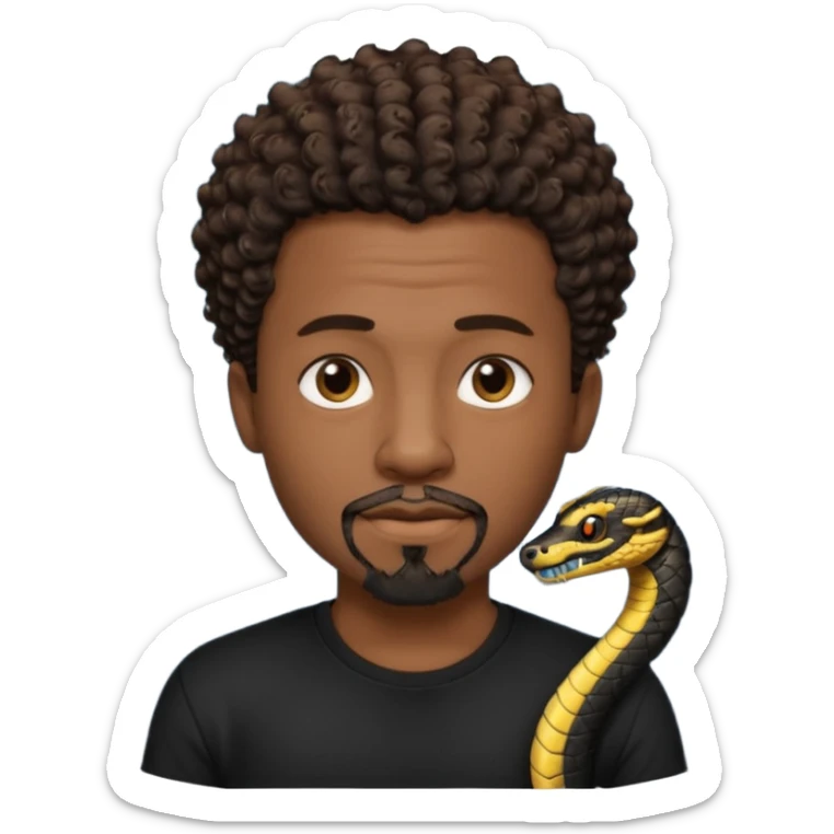 Homme noir, yeux marron avec un bouc que le menton, cheveux court et bouclé crépus avec dégradé sur le côté, avec un cobra à côté , t-shirt noir  sticker