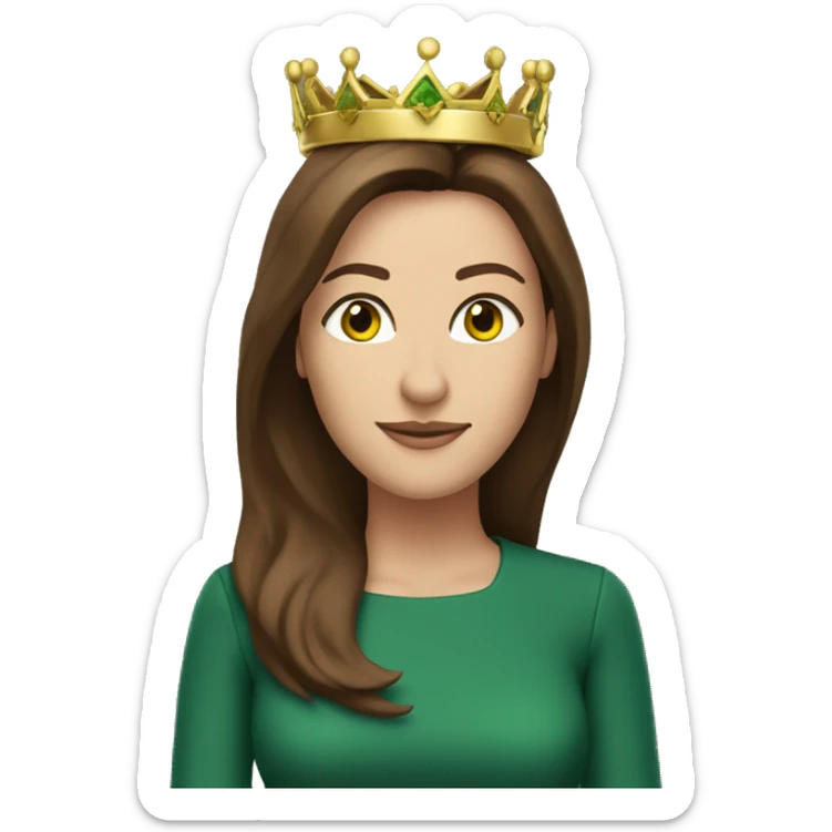 pretty 40 year old woman green eyes  shoulder length straight brown hair gold crown sticker