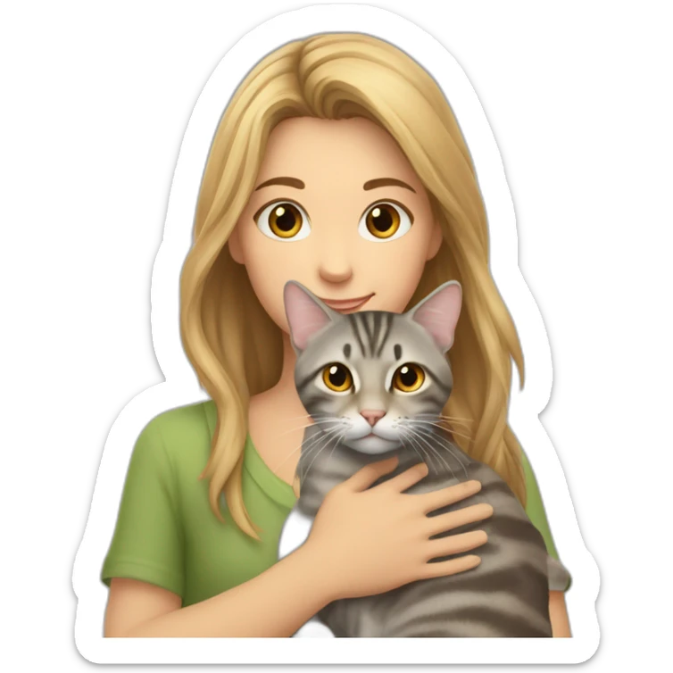 a tabby cat of brown and gray color sits in the arms of a fair-haired girl sticker