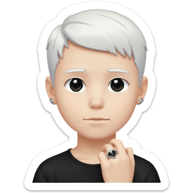 just a boy with TOTALLY WHITE SHORT HAIR (pure white like paper or snow, not gray, not blonde), wearing dark t-shirt, silver ring with black stone sticker