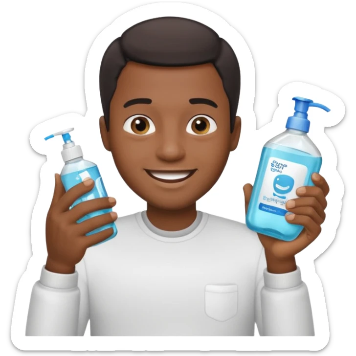 Apple emoji style, Black man with short hair, smiling and holding mouthwash sticker