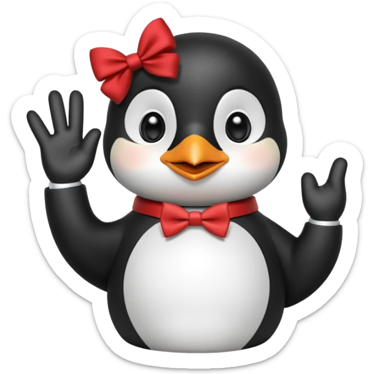Un pinguino con una pajarita roja haciendo el gesto con la mano abierta de cumplir una promesa sticker