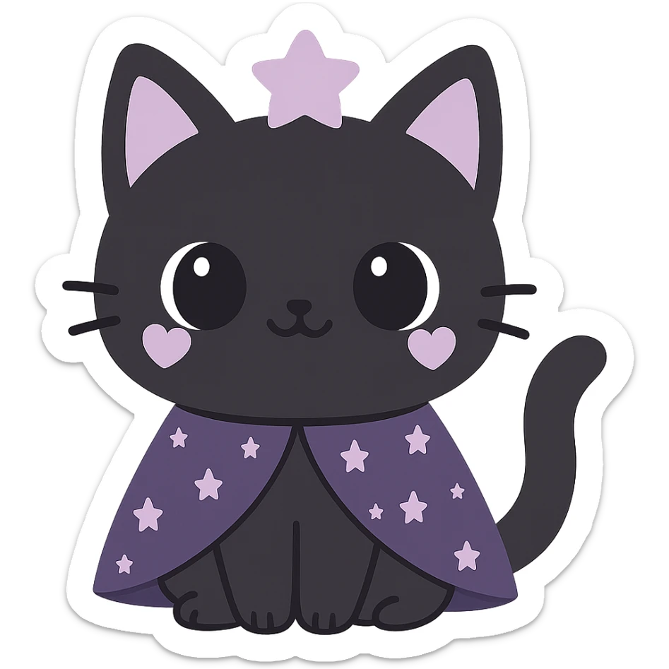 kawaii style magical gothic cat, cute face, black fur, purple heart markings, wearing a starry cape, cheerful and magical sticker