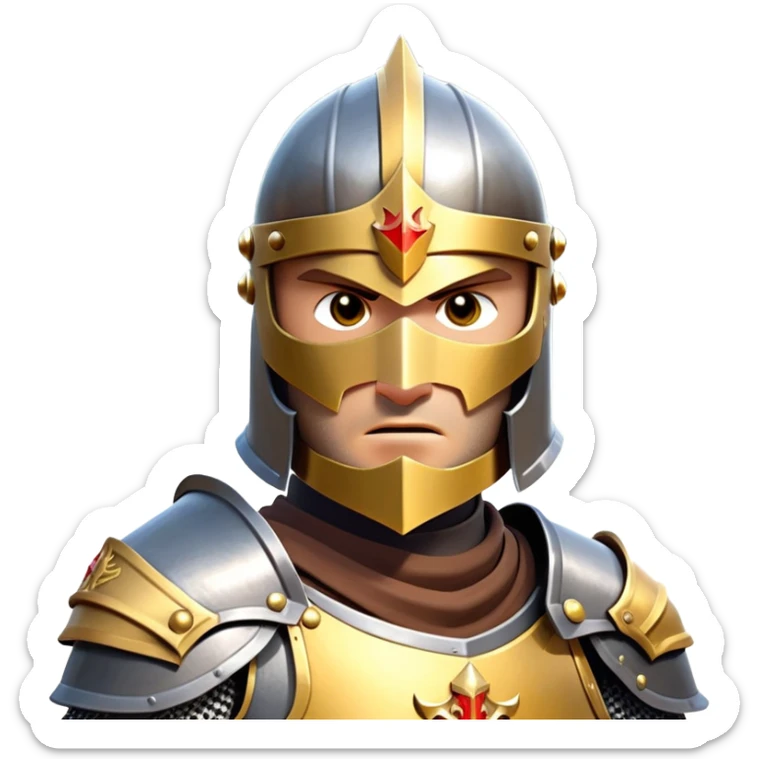 clash-of-clans-aesthetic_-cinematic-fearsome-and-majestic-knight-bust-portrait-emoji, rendered in a flat, vector-style with minimal shading and bold, simplified shapes, depicting a battle-ready medieval knight with steely eyes and intricate armor, mounted on a warhorse reflecting sunlight over a misty battlefield. sticker