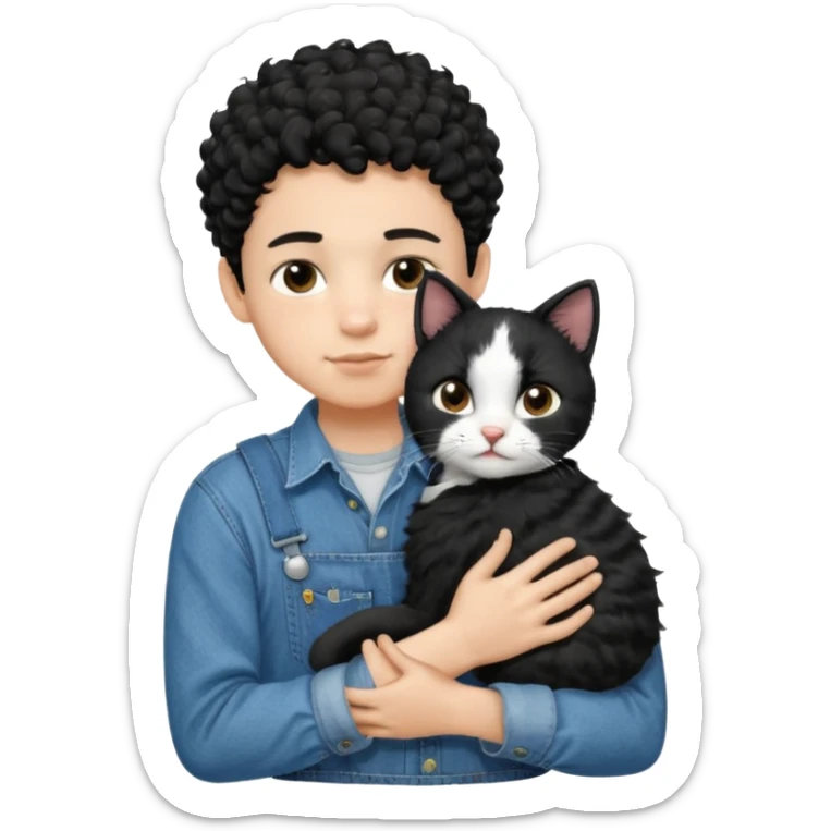 Apple emoji of a 13 year old boy with short black curly hair and dark brown eyes of light skin with denim shirt and overalls hugging a black and white cat sticker
