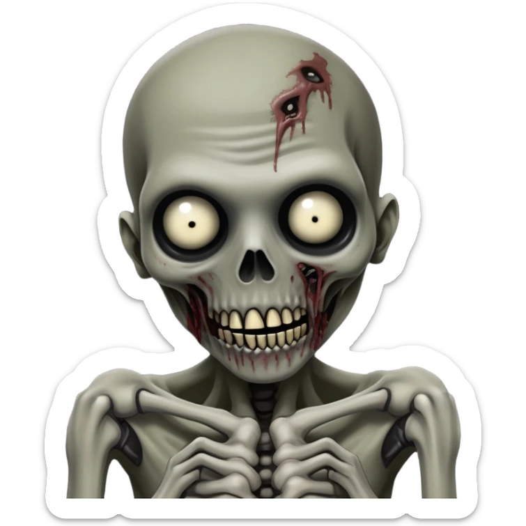 Super idol as hostile SCP-096 zombie with very small almost camouflaged pupils facing down and the upper face is grayish white and whitish gray while the lower jaw and rest of the body including hand and arm is just grayish black and the background is pitch black sticker