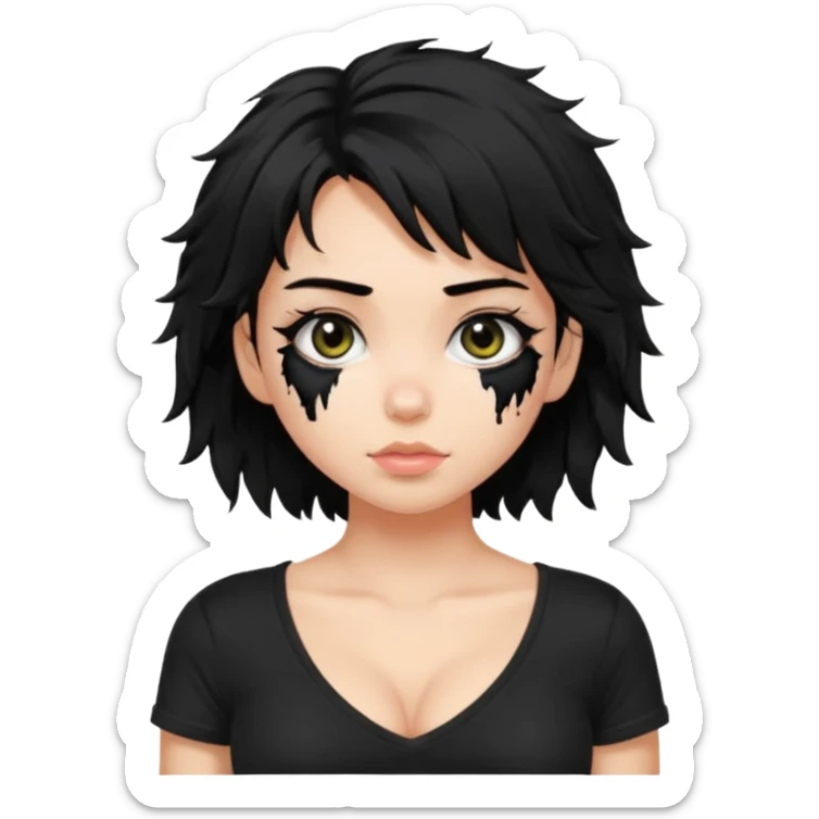a pretty bratz fair girl with messy shaggy black hair with mascara smudged wearing a tight black tee sticker