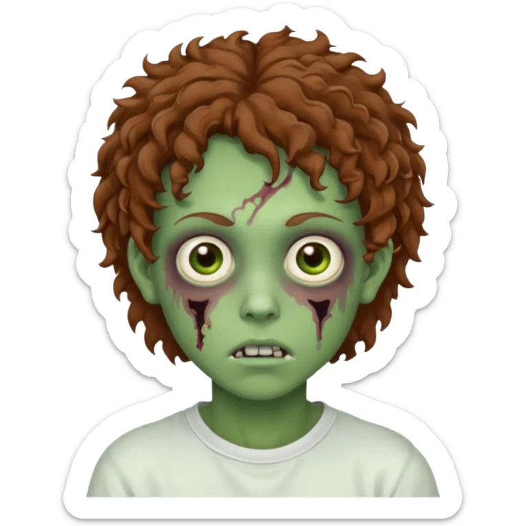  green teen zombie with brown curly hair and brown eyes wearing a white sweat sticker