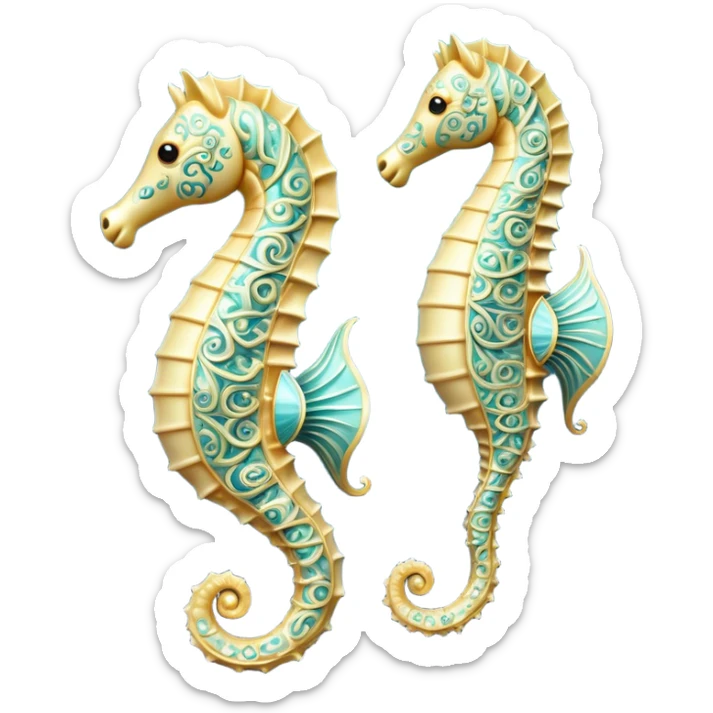 Cinematic Noble Sea Horse Portrait Emoji, Poised and elegant, with a delicate, upright body adorned with intricate, flowing patterns and a gracefully curled tail, with keen, expressive eyes, Simplified yet sharp and sophisticated features, highly detailed, glowing with a soft, aquatic luminescence, high shine, intelligent and refined, stylized with an air of ethereal marine grace, focused and poised, soft glowing outline, capturing the essence of a watchful and confident sea guardian that appears ready to drift out of the screen with effortless authority! sticker
