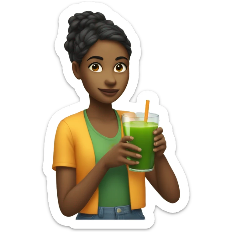 a girl holds a glass with orange juice in one hand and a green juice in another hand sticker