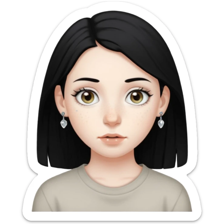 Girl with grey eyes medium black hair pale skin freckles and two nostril piercings  sticker