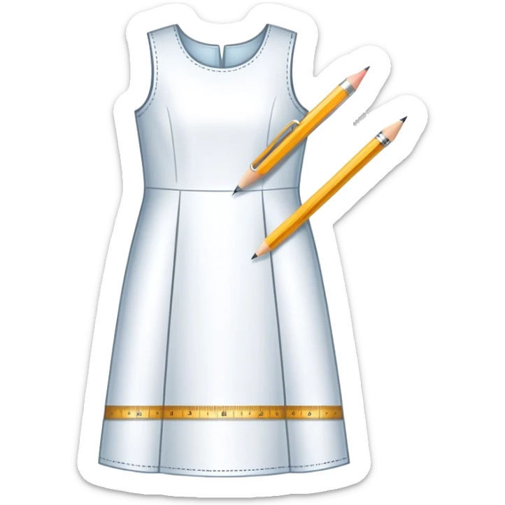 Icon for Fashion Design: a dress pattern with measurements, a ruler and a pencil. The icon should represent the process of designing clothing with a focus on precision and tailoring. Transparent background. sticker
