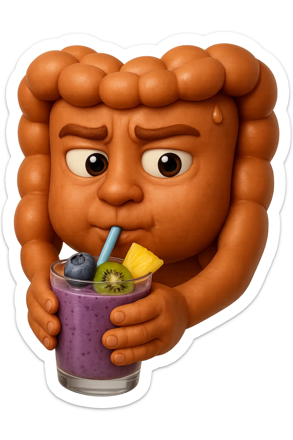 EMOJI STILE IPHONE DI un intestino umano anatomico che beve un frullato di mirtilli, ananas, kiwi, fagli anche la parte bianca degli occhi, non solo le pupille, REALISTICo 4K sticker