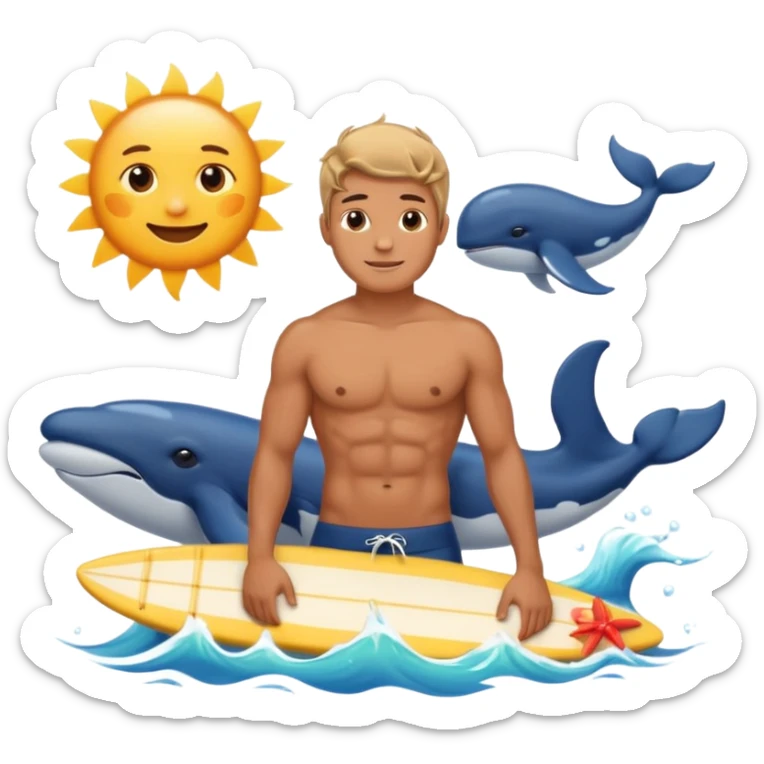 marine style emoji with waves, whale, male shirtless surfer, summer atmosphere with sun and warm  sticker
