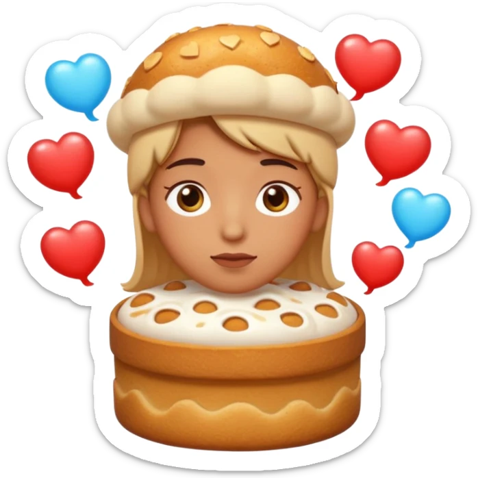 Apple-style emoji illustration of a person with dreamy eyes, and avobe them a thinking bubble with a traditional panettone inside the bubble, small hearts floating around, soft 3D emoji style, smooth gradients, rounded shapes, warm festive colors, simple expression. sticker