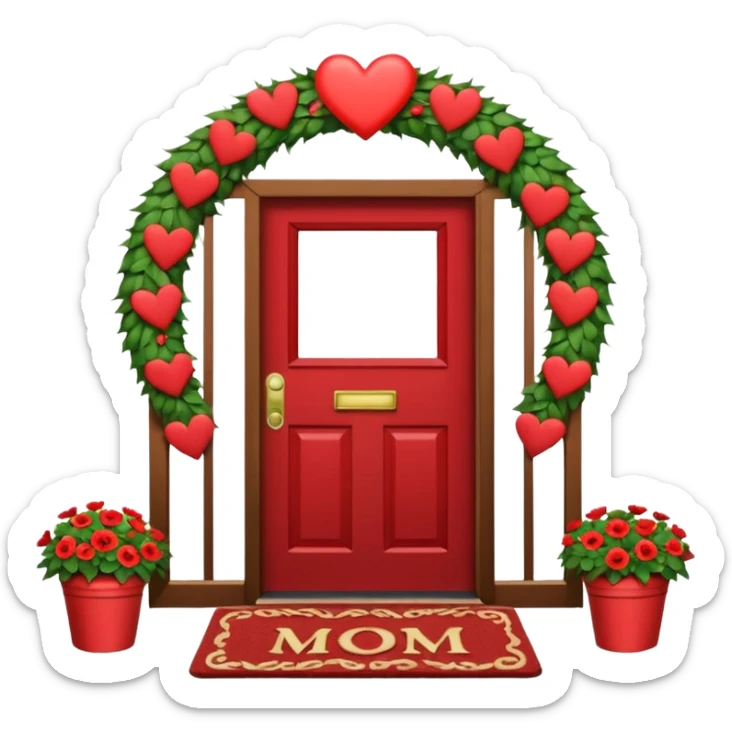 House door with heart-shaped wreath and welcome mat reading "Mom", max 128kb, 100px x 100px sticker