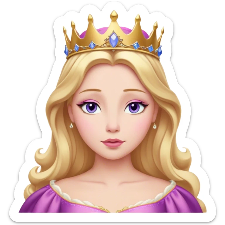 Cinematic Realistic Sleeping Beauty (Aurora) Portrait, with porcelain-like skin featuring a natural rosy flush, illuminated by soft lighting that highlights the gentle contours of her face. Her golden blonde hair flows in soft, detailed waves with subtle highlights that shimmer in the light. Her deep violet-blue eyes radiate warmth and innocence, framed by arched brows and long lashes. Her serene expression exudes quiet elegance. She is dressed in her classic pink gown, the fabric rich in texture with delicate folds that catch the light. A golden crown rests atop her head, gleaming with royal refinement. The portrait captures a soft, glowing aura, blending realism with an ethereal sense of beauty and timeless enchantment. sticker