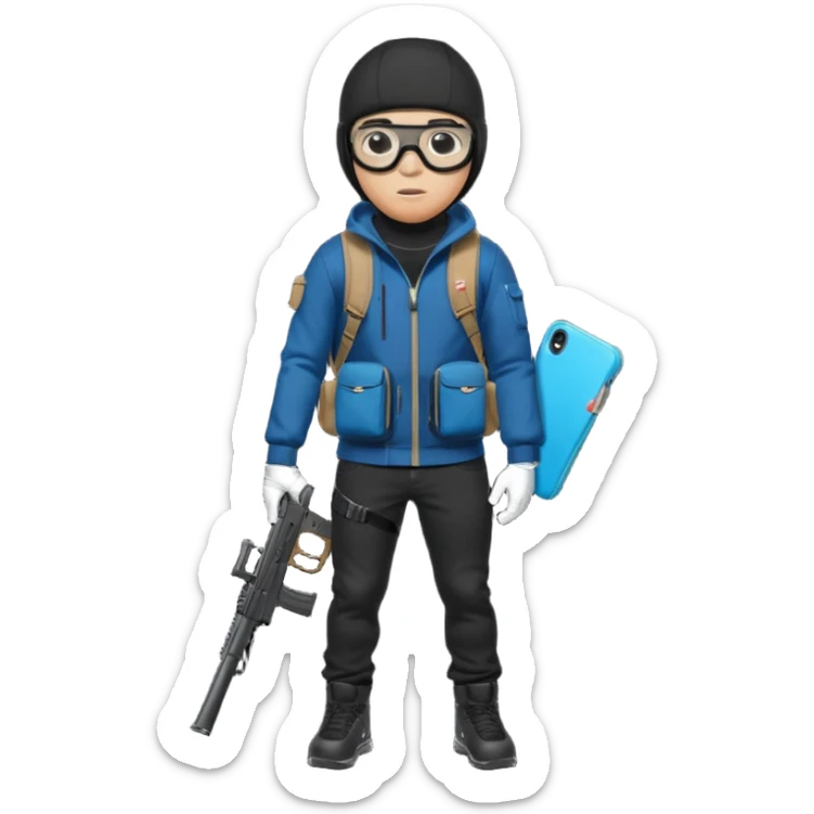 YN wearing a ski mask, holding a gun, all black fit, black jeans, Sprayground bookbag, confident stance with glasses sticker