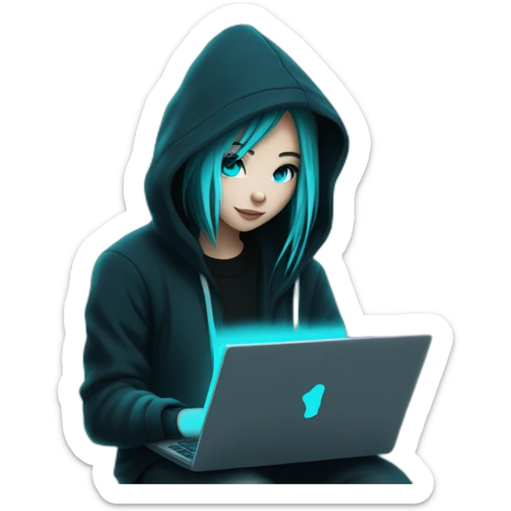  Girl artist behind his laptop with this style : Alan Walker Singer neon glowing bright black+cyan character black+cyan themed character sticker