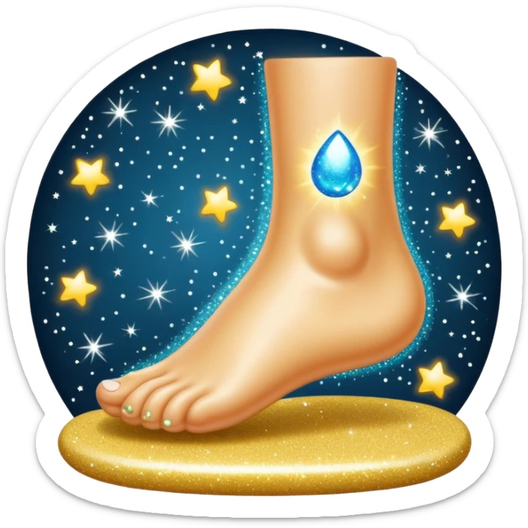 emoji of a human foot pressing on the ground, with two short curved pressure lines under the sole to show the weight, surrounded by shiny glitter sparkles for a bright and sparkling effect, simple cartoon style sticker