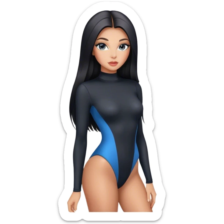 Glamours, tanned, very beautiful girl, with big pump peach-beige-rose lips, long long lashes, black straight smooth silky long hair, straight parting hair, blue-grey eyes in black long-sleeves bodysuit sticker