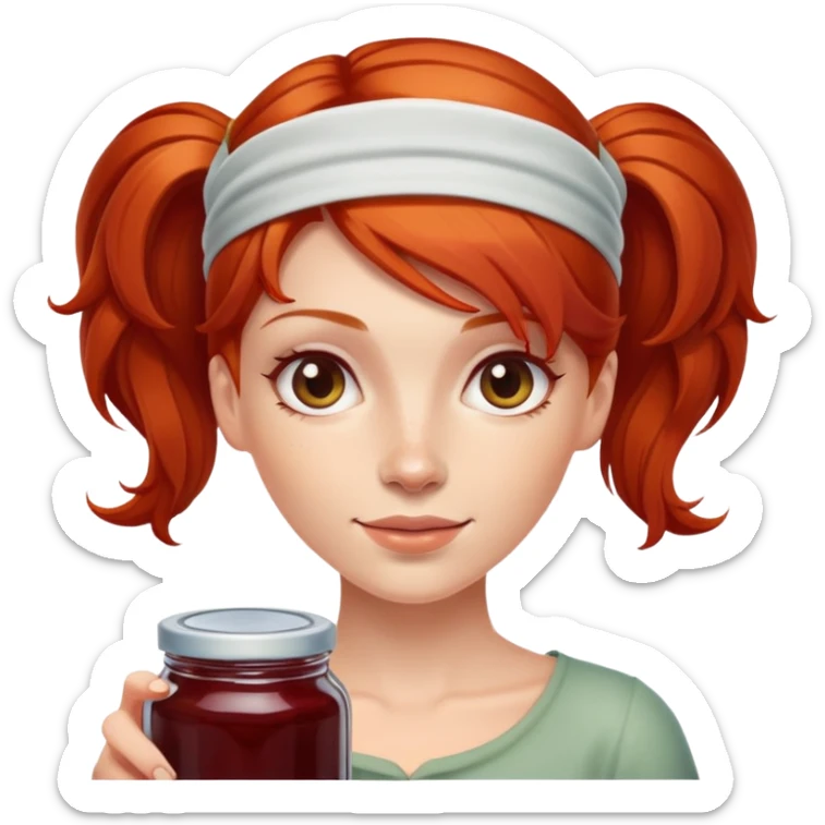 redhead woman showing a glass jar with jam at arms length, closeup sticker