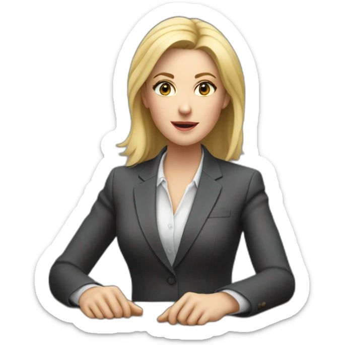 Blonde white woman wearing a suit sitting on the table telling the news towards the camera sticker