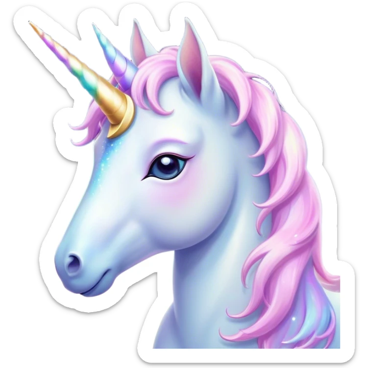 Beautiful and Majestic Unicorn Pony Portrait Emoji, Head and body radiating gentle magic with a soft pastel color, a delicately sparkling horn and eyes gently closed in peaceful wonder, Simplified yet exquisitely endearing features, highly detailed, glowing with a soft, ethereal light, high shine, serene and utterly majestic, stylized with an air of fairy-tale regality, soft glowing outline, capturing the essence of a beautiful and majestic unicorn pony that embodies the enchanting spirit of a dream! sticker