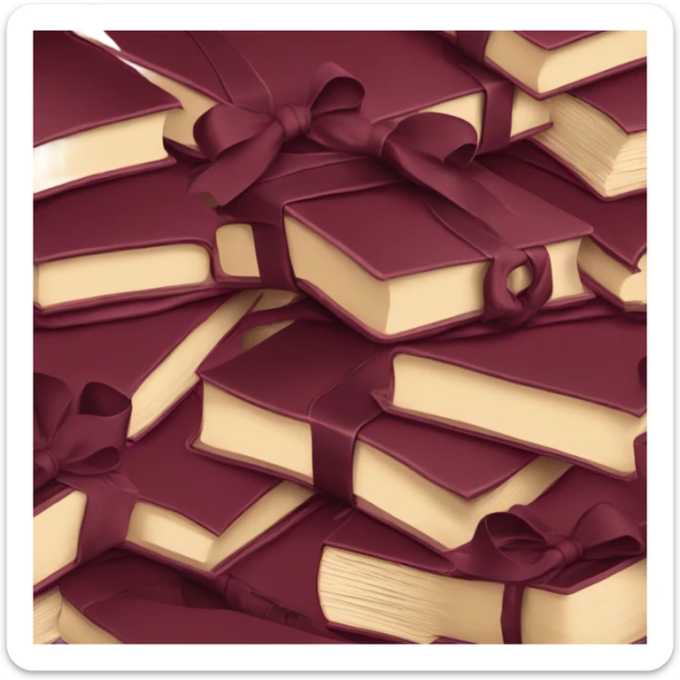 burgundy books stacked up and tied together by a burgundy bow sticker