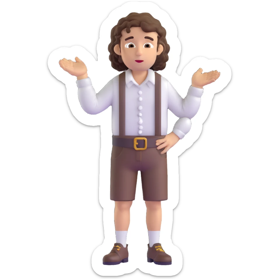 German person with brown curly hair in typical Bavarian clothing (lederhosen) shrugging and looking lost sticker
