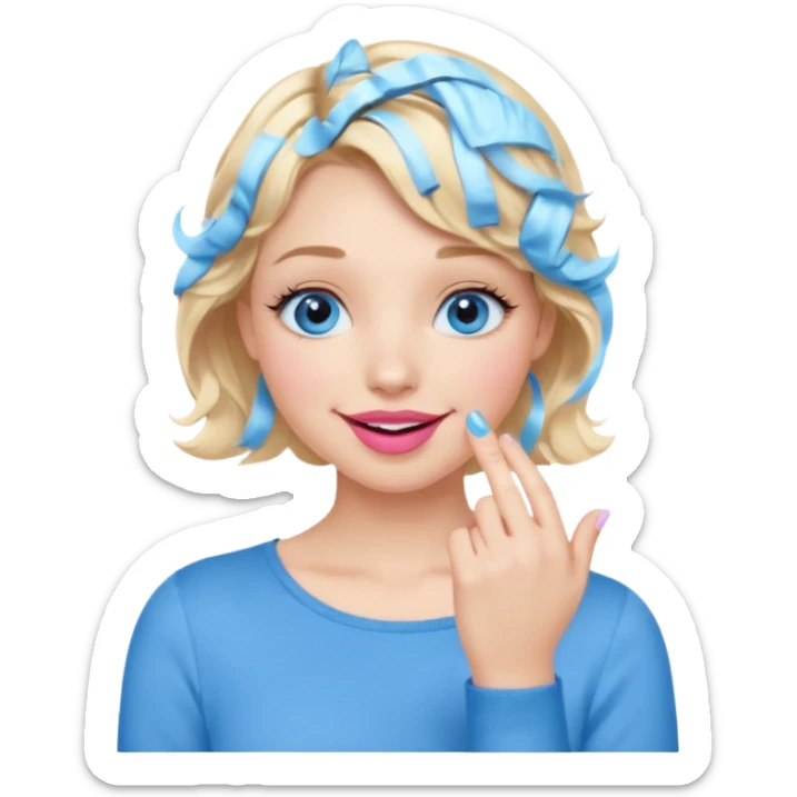 Girl Blonde short wavy hair,  blue eyes, cute blue top, long lashes, pink lips, smiling, hand covering the mouth sticker
