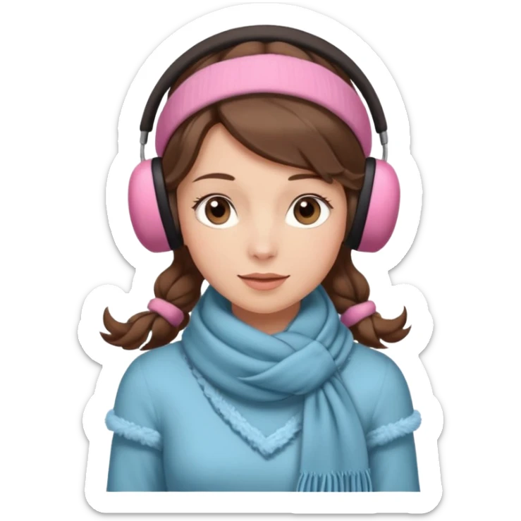 Victorian ice skater in a long dress. She is wearimg a scarf and earmuffs. She has boriwn hair. sticker