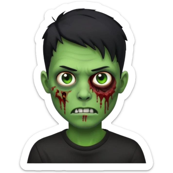 Zombie Emoji AppleIOS Style, lowfade Black Hair, nose piercing, and Black T-shirt, Green Skin sticker