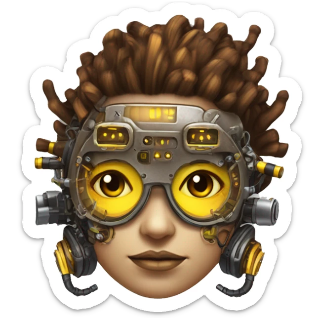 Brown with yellow streaks Mohawk hair female cyborg head, fair skin, steampunk goggles and circuits sticker