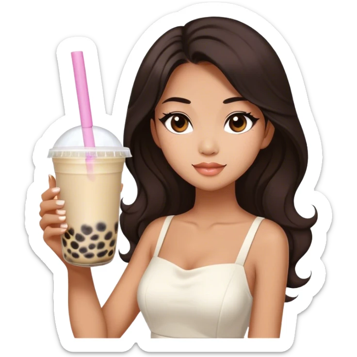 Beautiful woman in 1965’s woman fashion look, white dress, long dark brown hair, bubble tea sticker