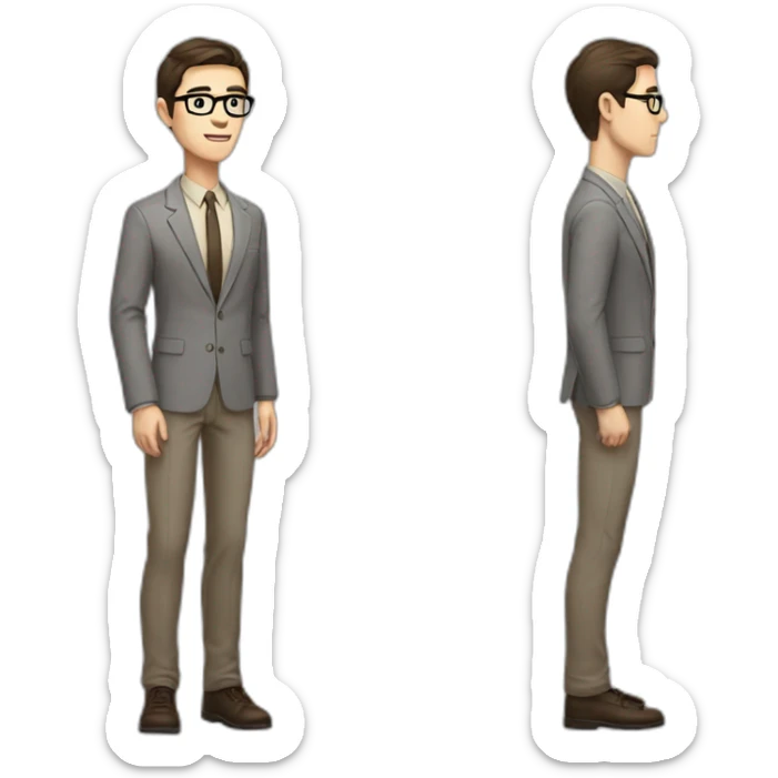 Full height Pale skinned fit man with dark brown hair in gray jacket, beige office shirt, brown tie, brown pants and vintage glasses. His right hand stretched out sticker