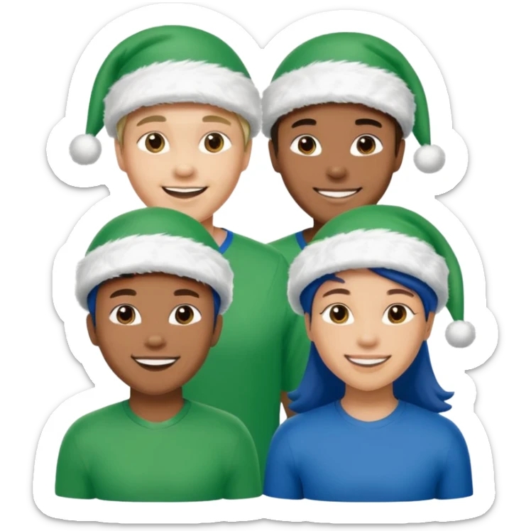 crie a imagem de 3 atletas de modalidades diferentes, usando um chapeu de papai noel das cores verde e azul. sticker