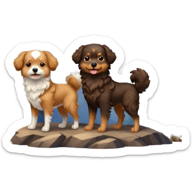 two dogs with wavy hair, one black and brown, one shades of brown with mountains sticker