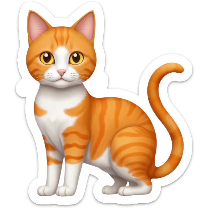 full body orange domestic shorthair slim cat with yellow/orange eyes paw being white and the other being half sticker