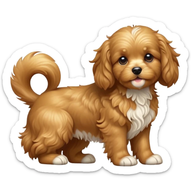 cinematic-[cavoodle dog]-realistic-full-body-sitting-emoji,-tail-resting-loosely-beside-its-paws,-head-tilted-dramatically,-wavy-[solid golden]-fur,-simplified-yet-realistic-focused-features,-highly-detailed,-glowing-with-an-almost-sarcastic-glow sticker